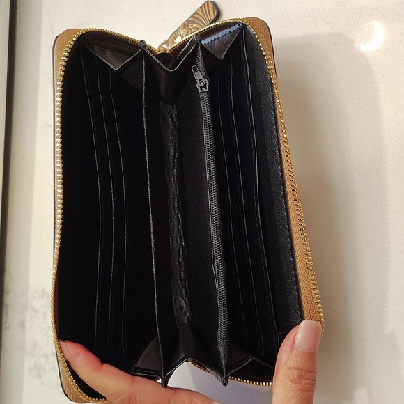 Floral Embossed Zip Around Wallet Tan Dark Brown Background Multiple Card Slots - Picture 6 of 6